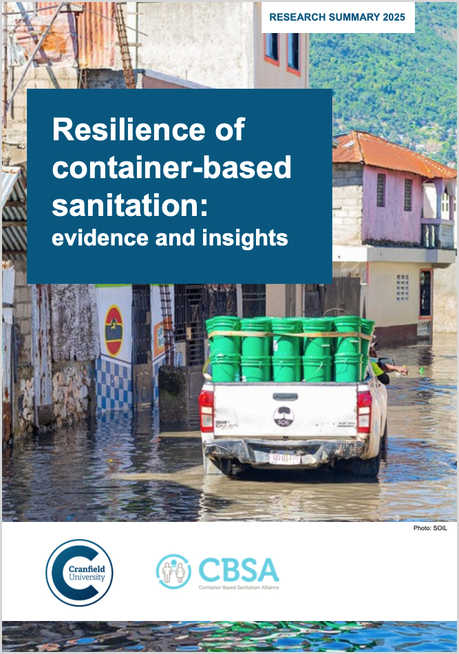 Cover page of the research summary, 'Resilience of container-based sanitation - evidence and insights'. 